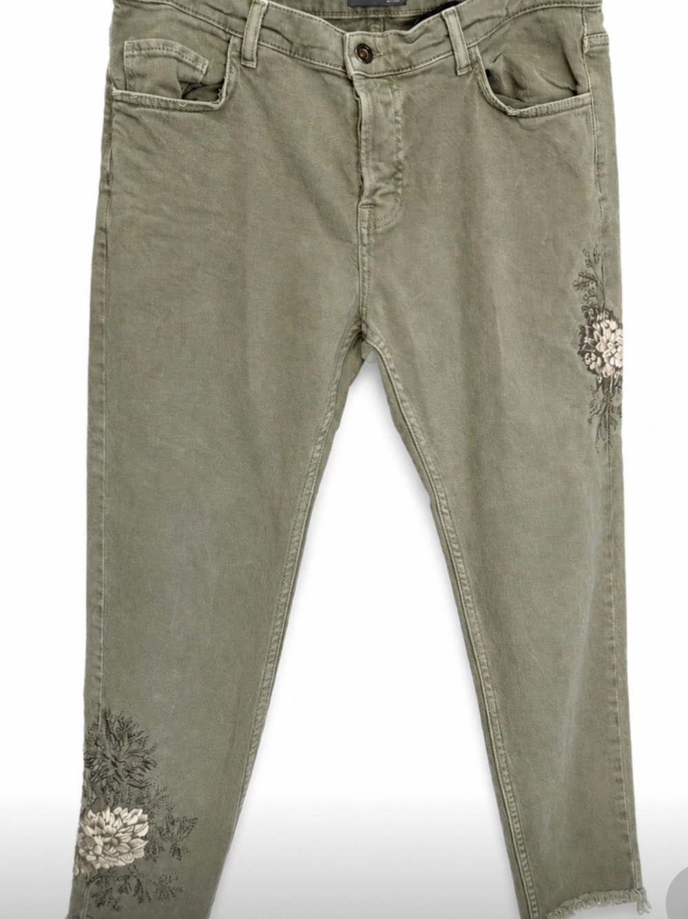 Zara Olive Green Embroidered Cropped Jeans